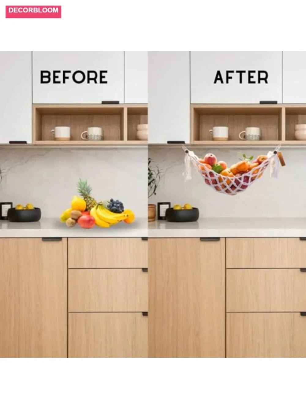Macrame Fruit Hammock Under Cabinet with Hooks - Cotton Kitchen Storage Basket